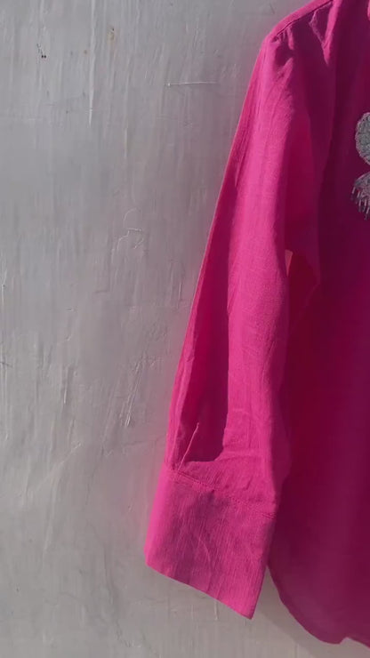 Pink Peacock Patch Embroidery Slub Women Shirt - KJ10197