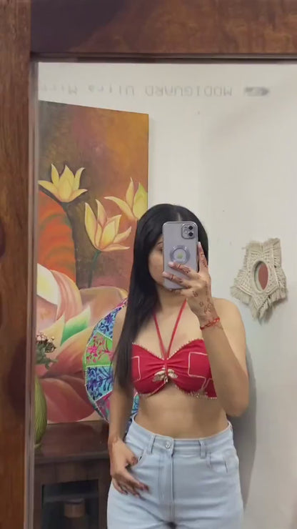 Red Gotta Embroidery Halterneck Bralette Removable Pads - KJ10185