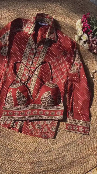 Maroon Polka Floral Shirt and Bra Combo - KJ10332